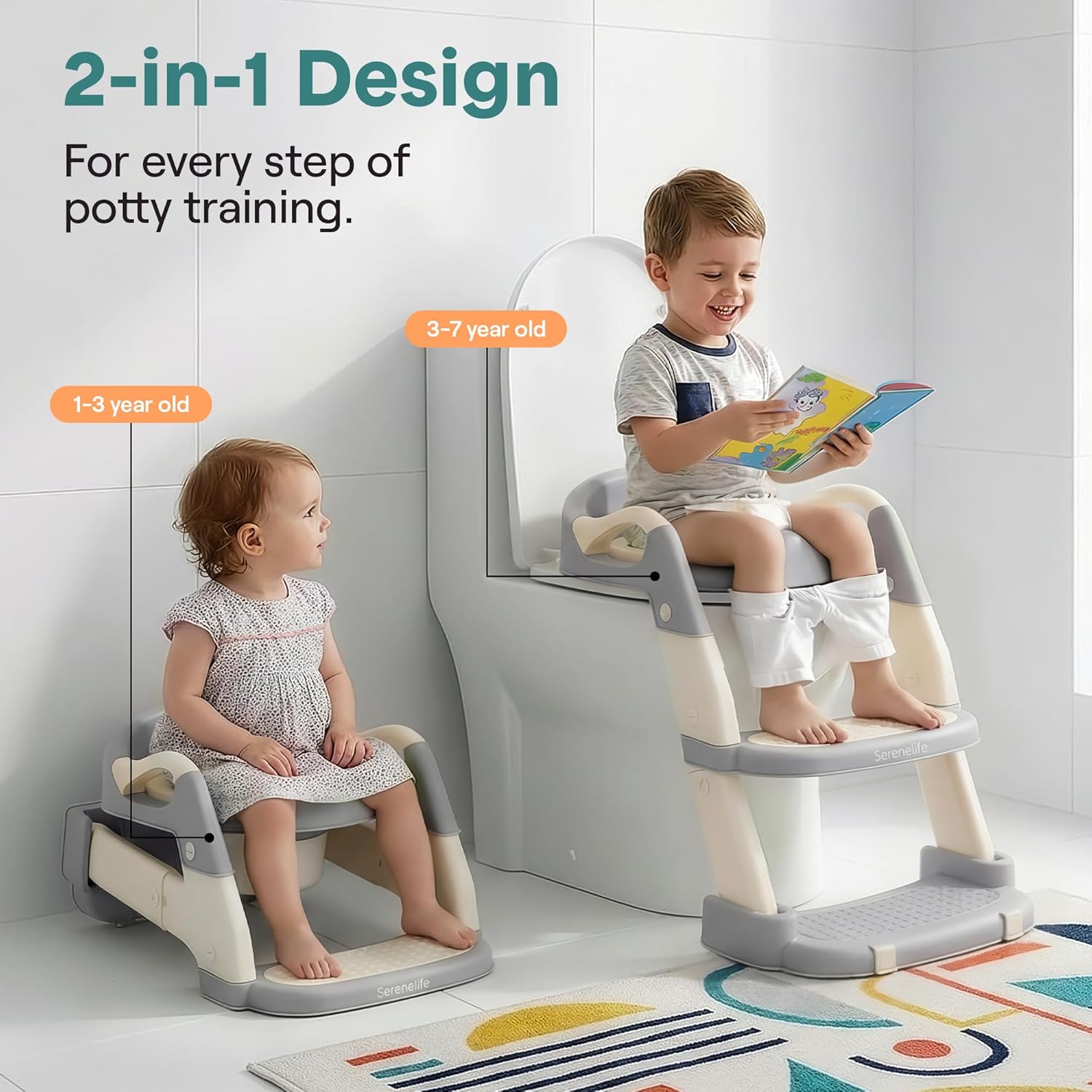 מושב אסלה ישבנון 2 ב-1 עם סולם וסיר גמילה עצמאי מתכוונן לילדים - אפור Baby Queenix