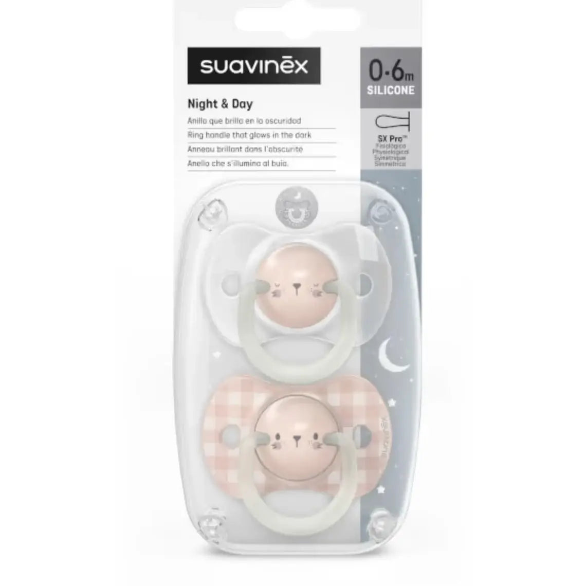 מוצץ פיז' זוהר בחושך Night & Day SX Pro 0-6 זוג-ארנב ורוד