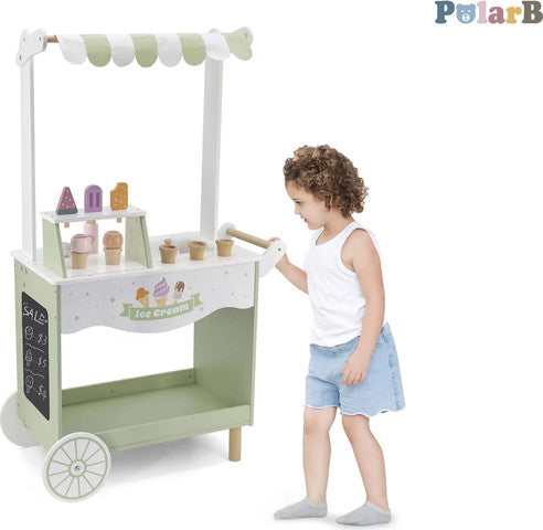 עגלת גלידה גדולה מעץ עם לוח גיר, גגון ושלל אביזרי משחק ויגה