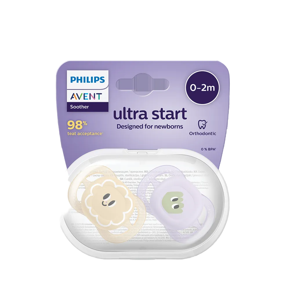 זוג מוצצי סיליקון 0-2 חודשים Avent Ultra Start - צבע לילך בהיר וצהוב עם איורי חיוכים