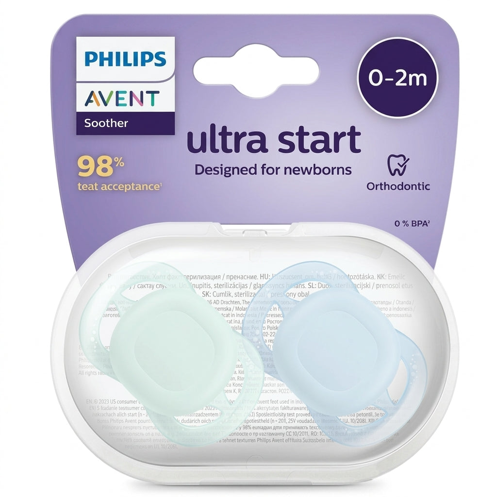זוג מוצצי סיליקון 0-2 חודשים Avent Ultra Start - צבע פסטל ירוק ותכלת