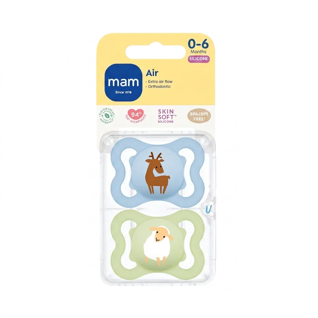 זוג מוצצי סיליקון 0-6 חודשים MAM Air - צבע תכלת/ירוק