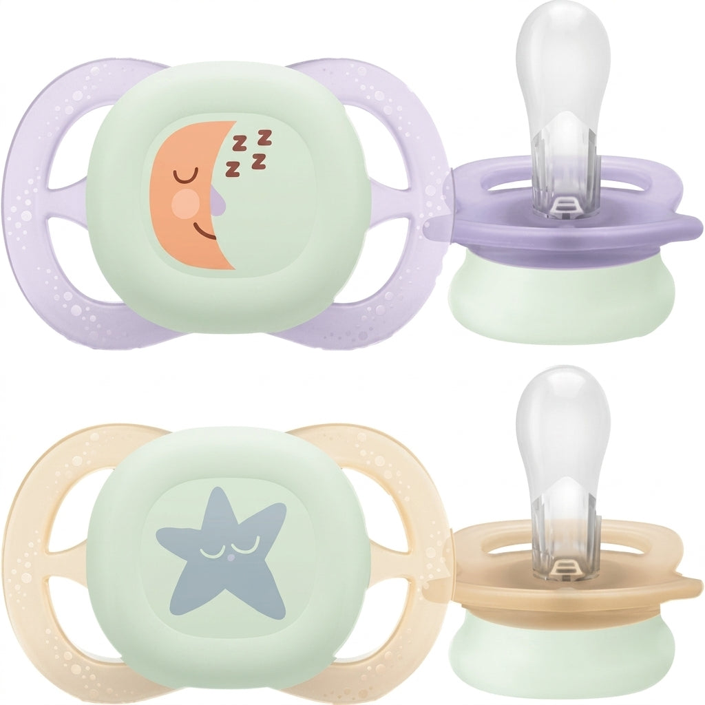 זוג מוצצי סיליקון זוהרים בחושך 0-2 חודשים Avent Ultra Start - צבע לילך ירוק וצהוב עם איורי ירח/כוכבים