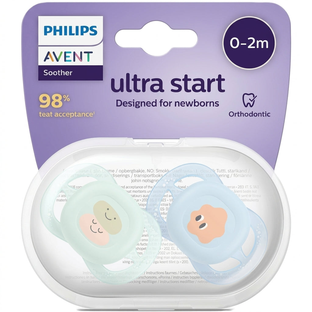זוג מוצצי סיליקון 0-2 חודשים Avent Ultra Start - צבע פסטל ירוק ותכלת עם איורי חיוכים