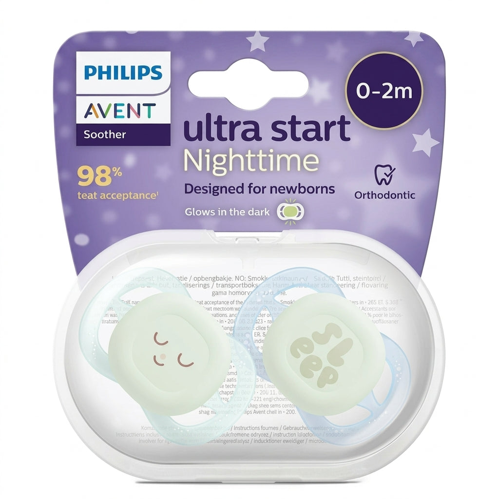 זוג מוצצי סיליקון זוהרים בחושך 0-2 חודשים Avent Ultra Start - צבע פסטל ירוק ותכלת עם איורים Sleep/חיוך