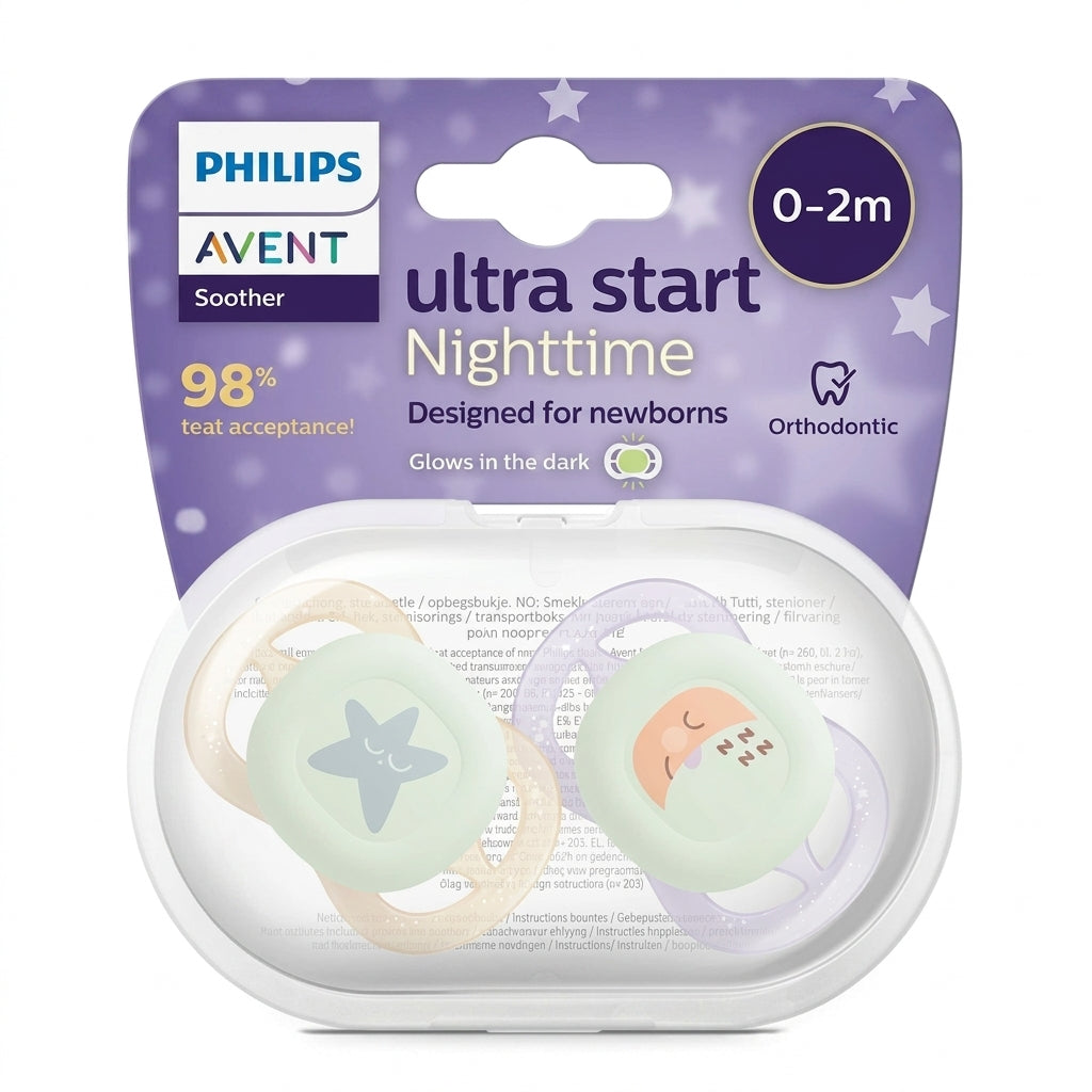 זוג מוצצי סיליקון זוהרים בחושך 0-2 חודשים Avent Ultra Start - צבע לילך ירוק וצהוב עם איורי ירח/כוכבים
