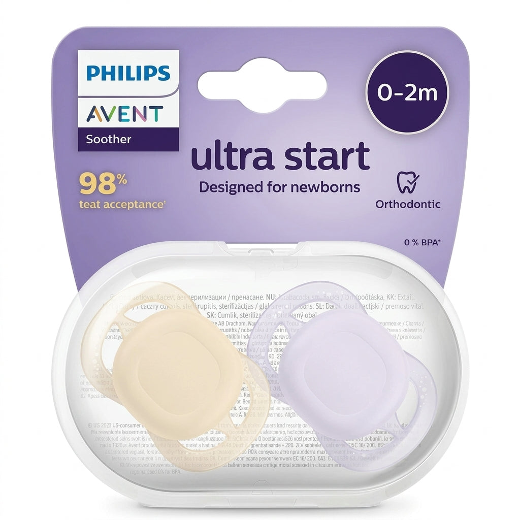 זוג מוצצי סיליקון 0-2 חודשים Avent Ultra Start - צבע לילך וצהוב בהיר