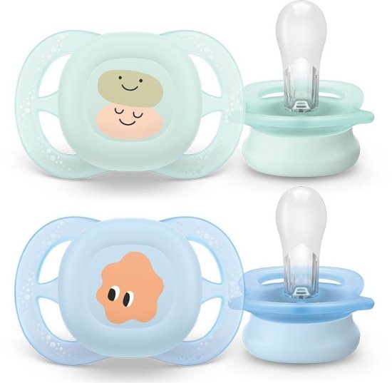 זוג מוצצי סיליקון 0-2 חודשים Avent Ultra Start - צבע פסטל ירוק ותכלת עם איורי חיוכים