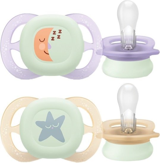 זוג מוצצי סיליקון זוהרים בחושך 0-2 חודשים Avent Ultra Start - צבע לילך ירוק וצהוב עם איורי ירח/כוכבים