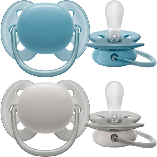זוג מוצצי סיליקון 6-18 חודשים Avent Ultra Soft - צבע אפור / כחול