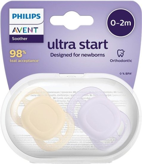 זוג מוצצי סיליקון 0-2 חודשים Avent Ultra Start - צבע לילך וצהוב בהיר