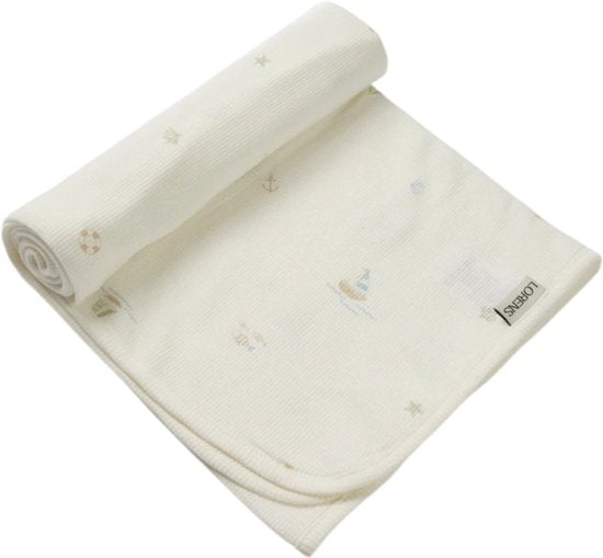 שמיכה גדולה מבד פיקה 100% כותנה 100x140 ס''מ מבית Lorens - צבע אופוויט עם איורי סירות