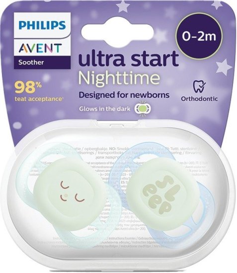 זוג מוצצי סיליקון זוהרים בחושך 0-2 חודשים Avent Ultra Start - צבע פסטל ירוק ותכלת עם איורים Sleep/חיוך