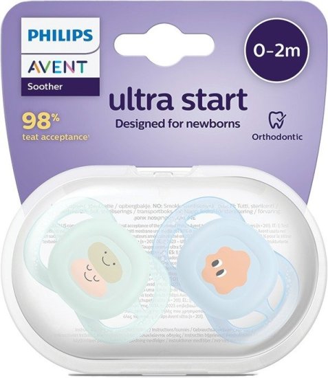 זוג מוצצי סיליקון 0-2 חודשים Avent Ultra Start - צבע פסטל ירוק ותכלת עם איורי חיוכים