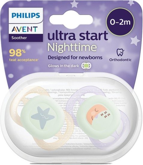 זוג מוצצי סיליקון זוהרים בחושך 0-2 חודשים Avent Ultra Start - צבע לילך ירוק וצהוב עם איורי ירח/כוכבים