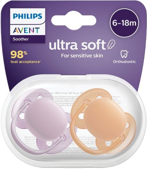 זוג מוצצי סיליקון 6-18 חודשים Avent Ultra Soft - צבע סגול / כתום