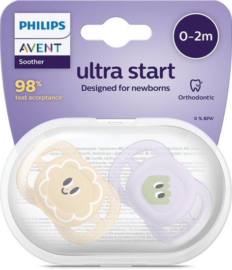 זוג מוצצי סיליקון 0-2 חודשים Avent Ultra Start - צבע לילך בהיר וצהוב עם איורי חיוכים