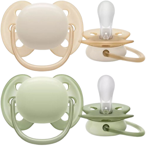 זוג מוצצי סיליקון 0-6 חודשים Avent Ultra Soft - צבע ירוק בהיר / אפרסק