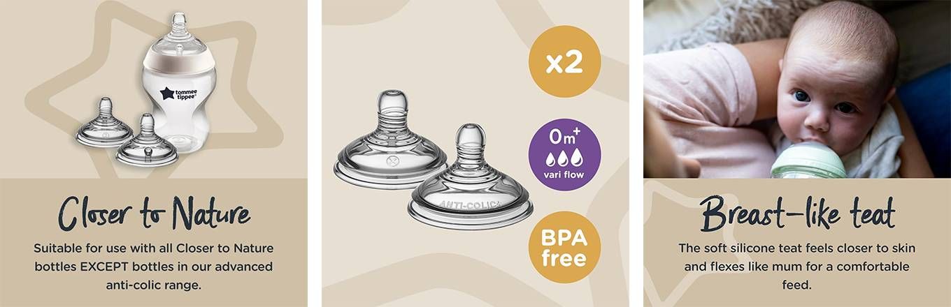 זוג פטמות זרימה משתנה לבקבוק 0+ Tommee Tippee Closer To Nature